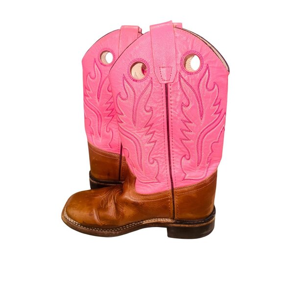 Old West Childrens Square Toe Pink Brown Lower Leather Cowboy Western Boots 3.5D - Picture 9 of 11
